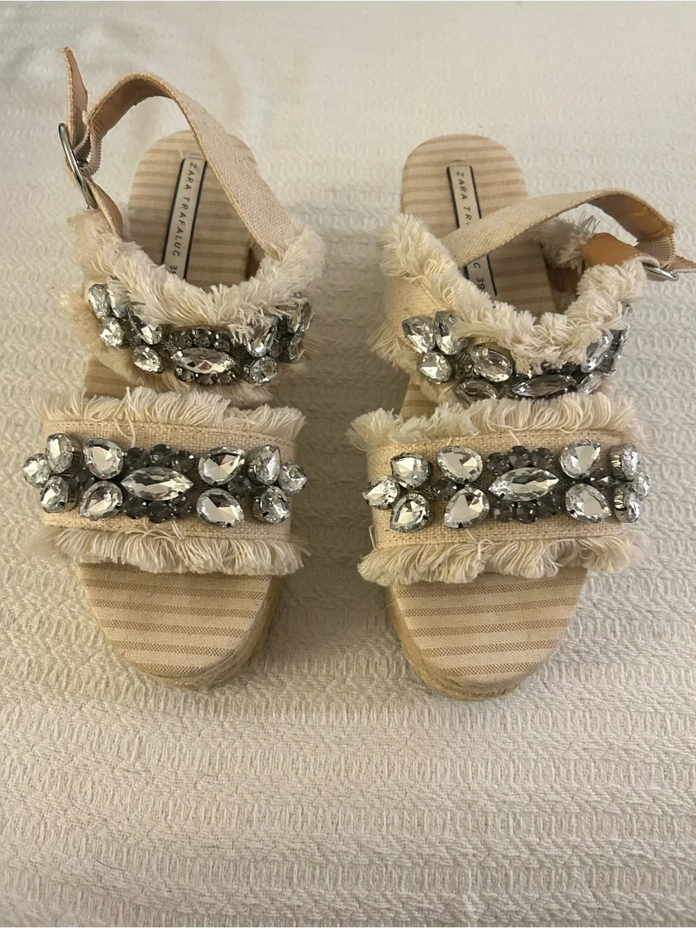 Zara Cream Jeweled Platform Espadrille Sandals